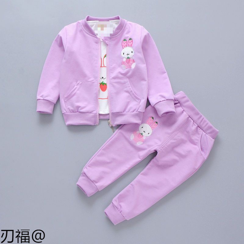 女童春装女宝宝卡通卫衣三件外套装韩版婴儿洋气衣服小女孩运动装