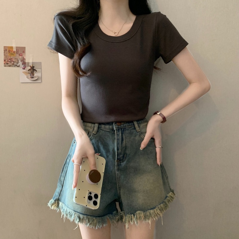 春夏の女性用イレギュラー右肩半袖Tシャツ、大きいサイズのトップス、女性用夏用スリムフィットで多用途なラウンドネック無地ボトムシャツ|undefined