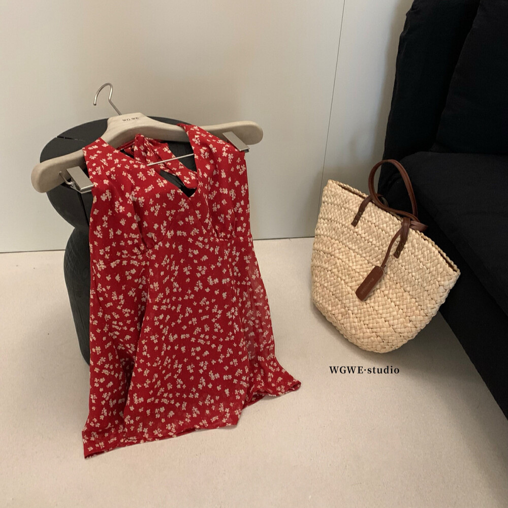WGWE estilo de vacaciones con cuello en v floral halter chaleco temperamento dulce chica caliente sin espalda playa camisa de gasa verano W5321 image 5