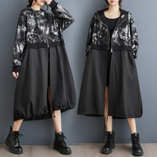 Real shot 2024 autumn and winter long plus size windbreaker versatile loose slim hooded stitching printed zipper coat