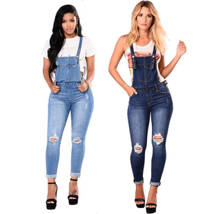 Women's Ripped Denim Overalls European and American Amazon New Denim Small Straight Foreign Trade Jumpsuits Wholesale