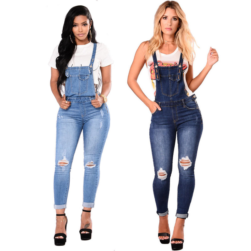 Women's Ripped Denim Overalls European and American Amazon New Denim Small Straight Foreign Trade Jumpsuits Wholesale