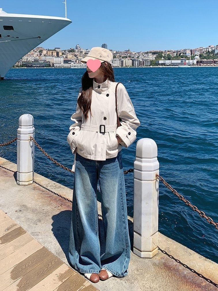 Autumn New Korean Style Short Windbreaker Jacket for Women British Style Stand Collar Waist Jacket