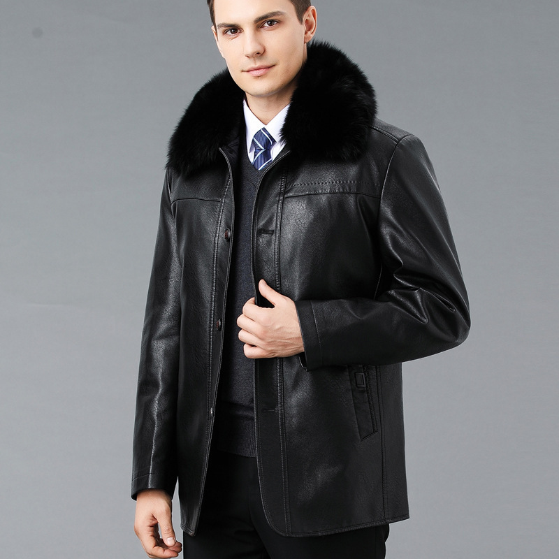 Haining Genuine Leather Jacket for Middle-Aged and Elderly Men, Fleece-Lined and Thickened with down Lining, Mid-Length Sheepskin Coat for Dad
