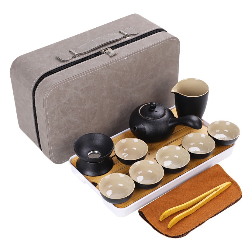 Black pottery tea set suit one pot six cups travel tea set portable simple outdoor teapot high-end gift box logo