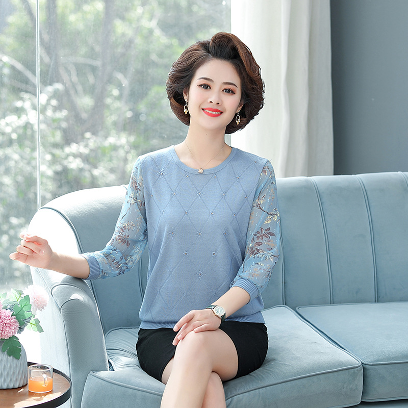 Mom's Spring and Summer Knitted Top Loose Base Short-sleeved Shirt New Arrival Women's Half-sleeved T-shirt Thin for Middle-aged and Elderly