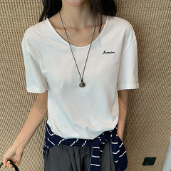 苏奈 韩系圆领简约2025秋刺绣字母宽松短袖T恤女百搭上衣fromanna