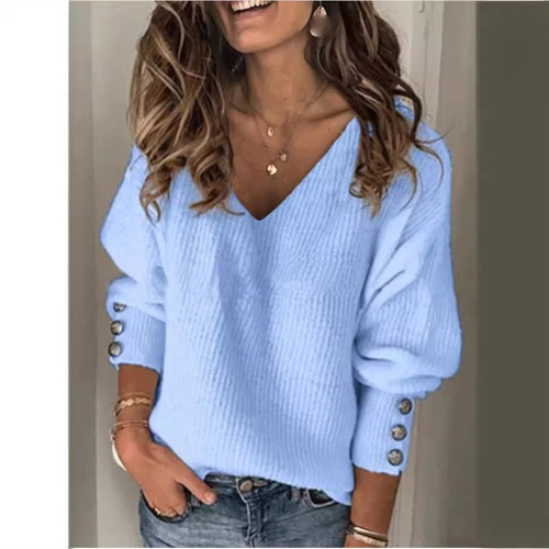 European and American autumn and winter new fashionable women's clothing hot color all-matching knitted V-neck loose long-sleeved T-shirt