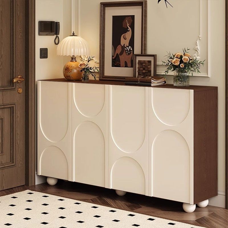 Light Luxury Cream-Colored Shoe Cabinet for Home Entrance, Large Capacity Solid Wood Ecological Board Entryway Cabinet Integrated with Living Room Tea and Beverage Cabinet