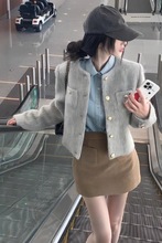 三件套女秋冬新款气质小香风短款毛呢外套牛仔长袖衬衫半身裙