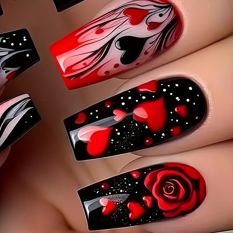 Autumn and Winter Cross-Border Popular Internet Celebrity Ins Style Valentine's Day Heart-Shaped and Rose Design Nail Art Finished Products Wholesale Light Weight