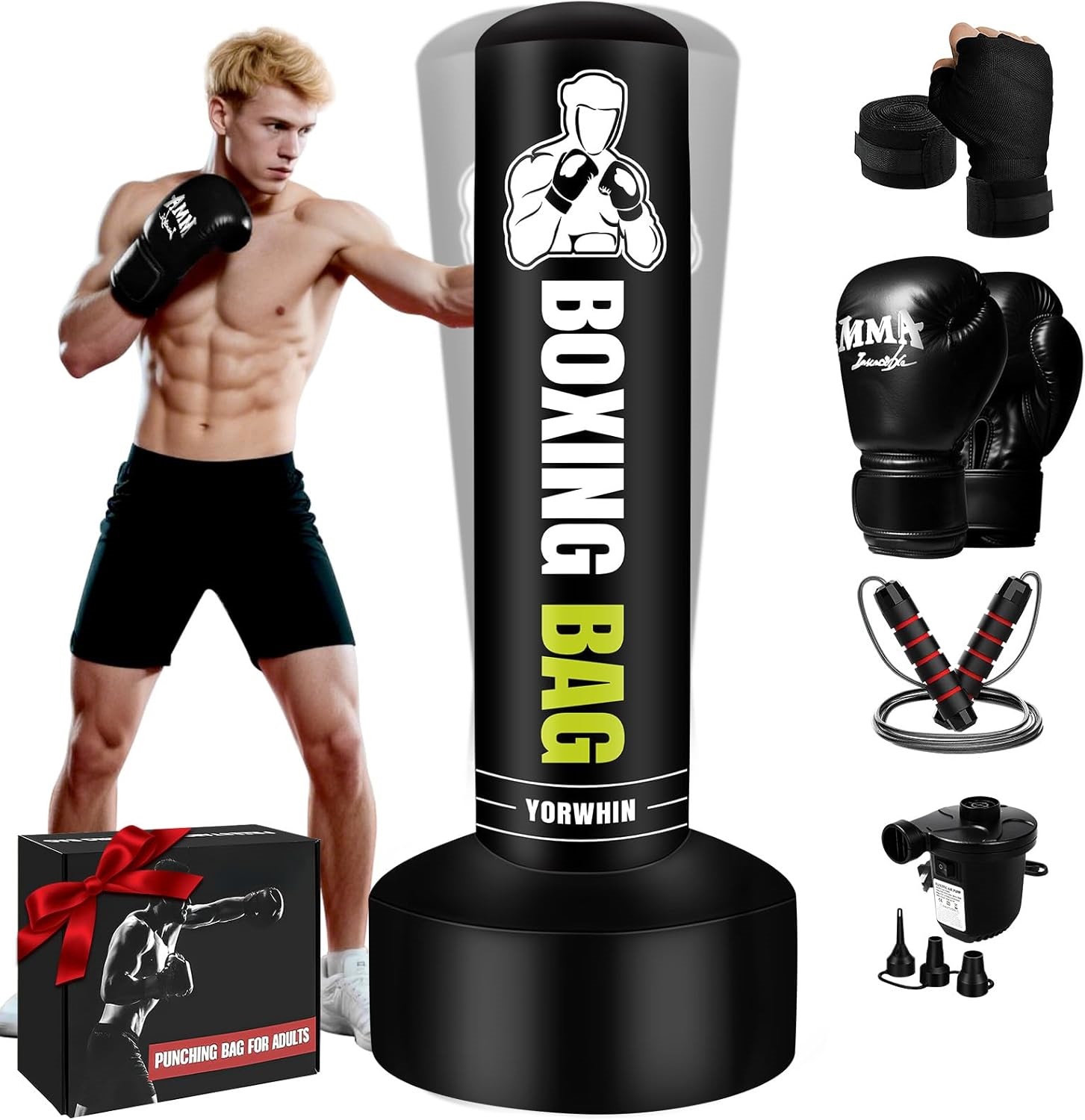 Freestanding boxing bag for adults and teenagers, 70inch (approx. 177.8cm ) heavy boxing bag, with gloves