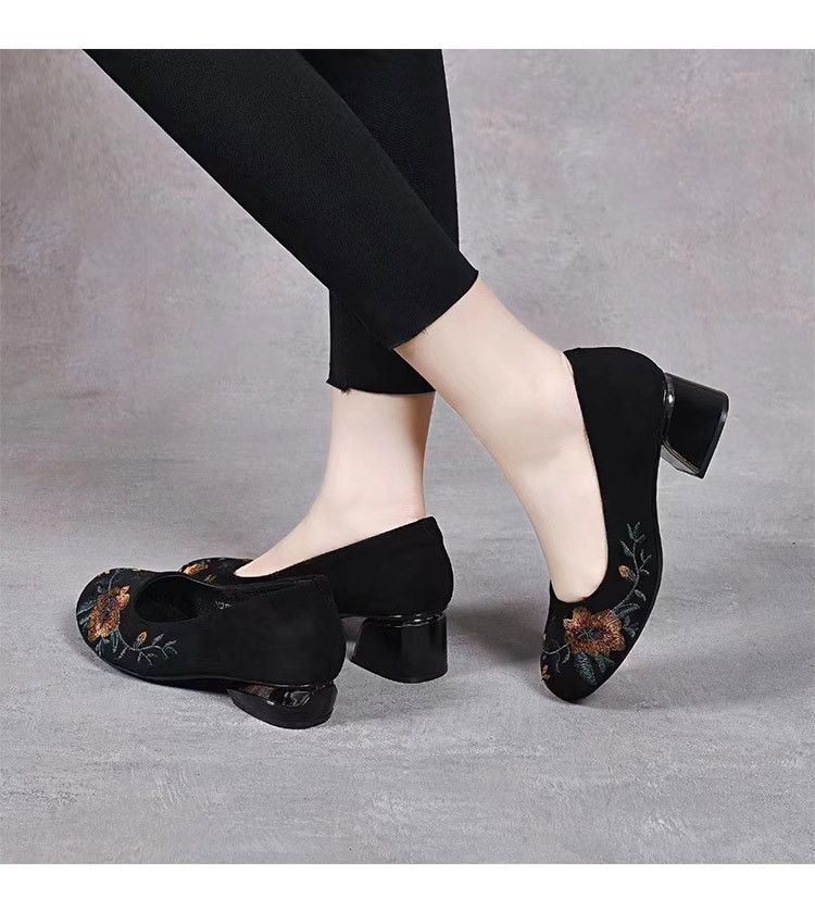 Giày búp bê nữ da thật đế mềm mũi tròn thêu hoa gót vuông 2,5 cm phong cách dân tộc — Màu đen gót 2,5 cm chi tiết 4