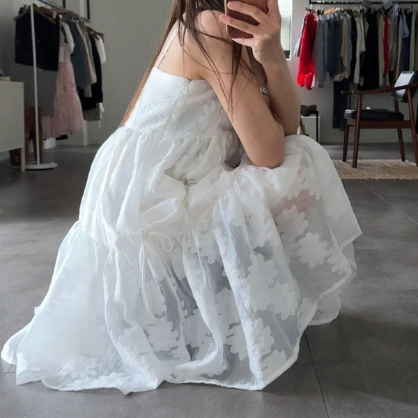 Korean-Style Jacquard Pattern Spaghetti Strap Dress for Women, with Drawstring Waist, Layered Cake-Style Mid-Length Tank Dress in Three Colors