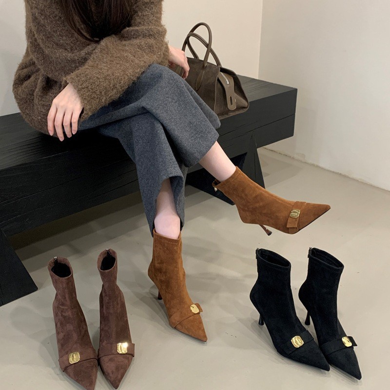 Q3-1 Boots Women's New 2025 Autumn and Winter Stiletto Heel 7cm Pointed Toe Short Boots Fashion Boots Suede Versatile Slim Boots