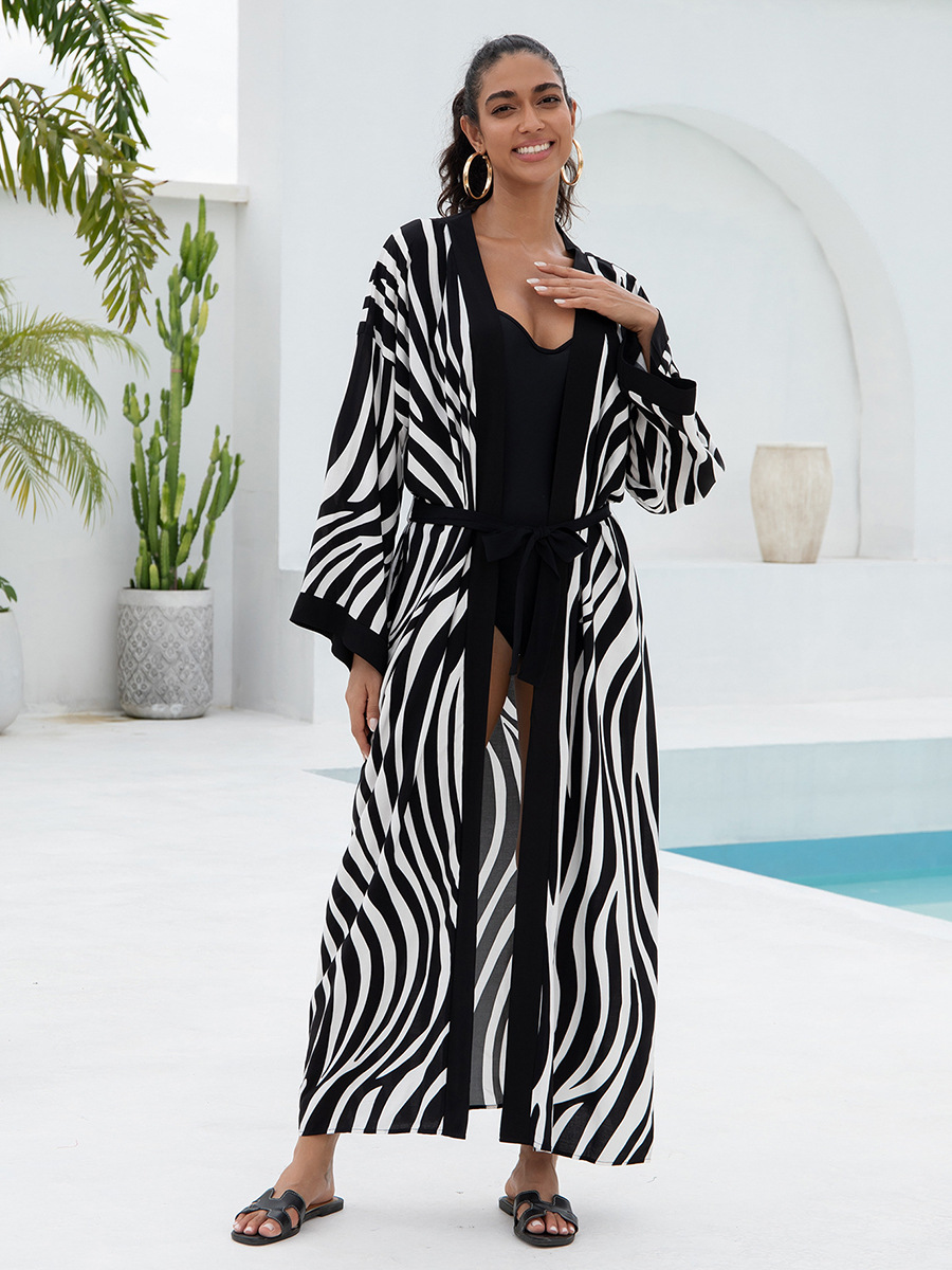 Women's Flowy Cover Up Kimono Beach Dress With Exotic Prints Lightweight Linen Feel Fabric For Pool, Vacation, Boho Outfit_ecoleips.com