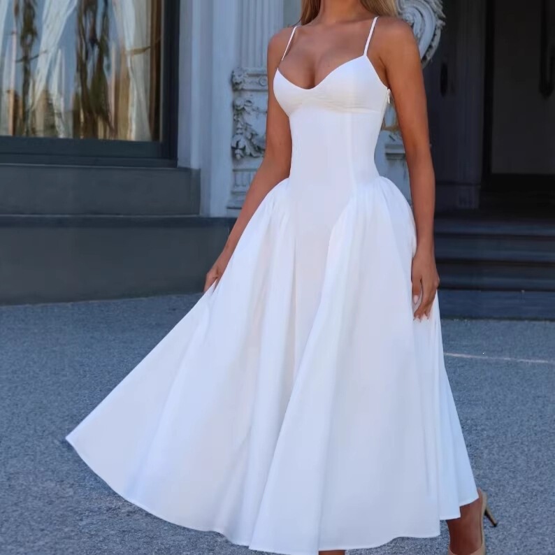 European and American Cross-Border French-Style Pure Desire Romantic Vibe Stunning Slimming Long Dress with Tie Waist and Ruched Straps