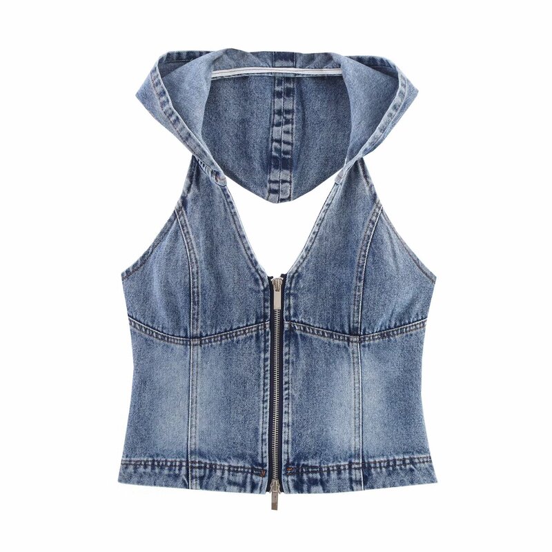 Foreign Trade 2025 European and American Summer New Style Fashionable Hooded Collar Denim Zipper Cut Out Vest Top for Women 0181
