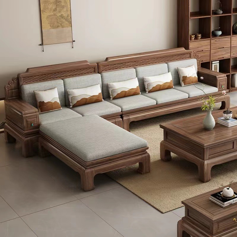 New Chinese Style Black Walnut Solid Wood Sofa, Classical Winter and Summer Dual-Use High-End Villa with Chaise Living Room Solid Wood Furniture
