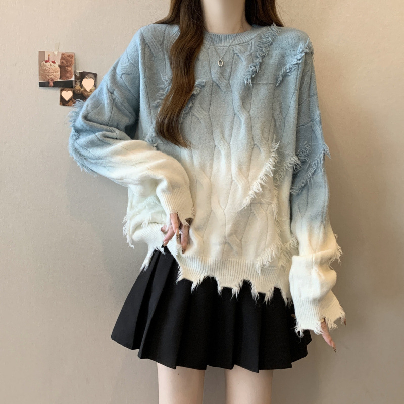 時尚漸變色流蘇軟糯毛衣女秋冬大碼胖妹妹今年流行漂亮顯瘦針織衫