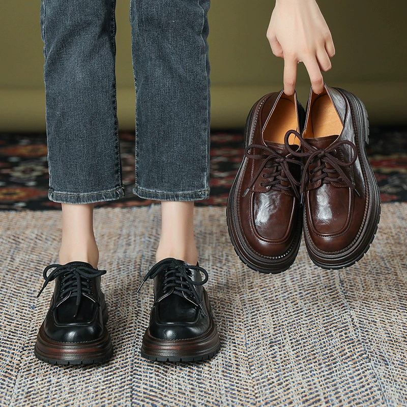 Женские кожаные туфли на толстой подошве в британском стиле 2024 года, новые однослойные туфли на шнуровке с круглым носком и массивным каблуком, милые крутые лоферы на шнуровке для девочек