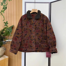 灯芯绒印花棉服拼接羊羔毛棉衣外套女2025冬季韩版宽松复古风2031