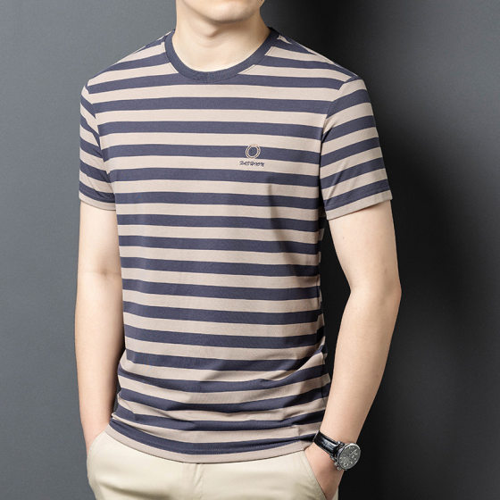 New Summer Men's Short-sleeved T-shirt Fashionable Striped Casual Round Neck All-match Mulberry Silk Short-sleeved T-shirt Top Trendy
