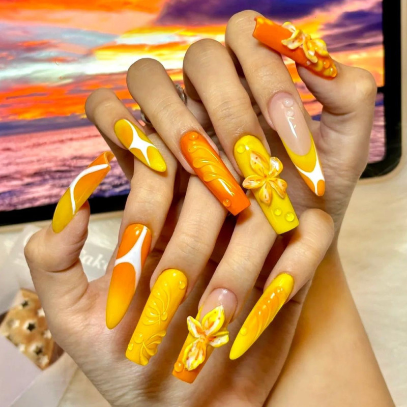 Wholesale Finished Press-On Nails, Orange French Style Press-On Nails, Orange-Yellow Small Flower Rhinestone Press-On Nails, Long Style Wholesale Nail Pieces Wholesale Finished Press-On Nails, Orange French Style Press-On Nails, Orange-Yellow Small Flower Rhinestone Press-On Nails, Long Style Wholesale Nail Pieces
