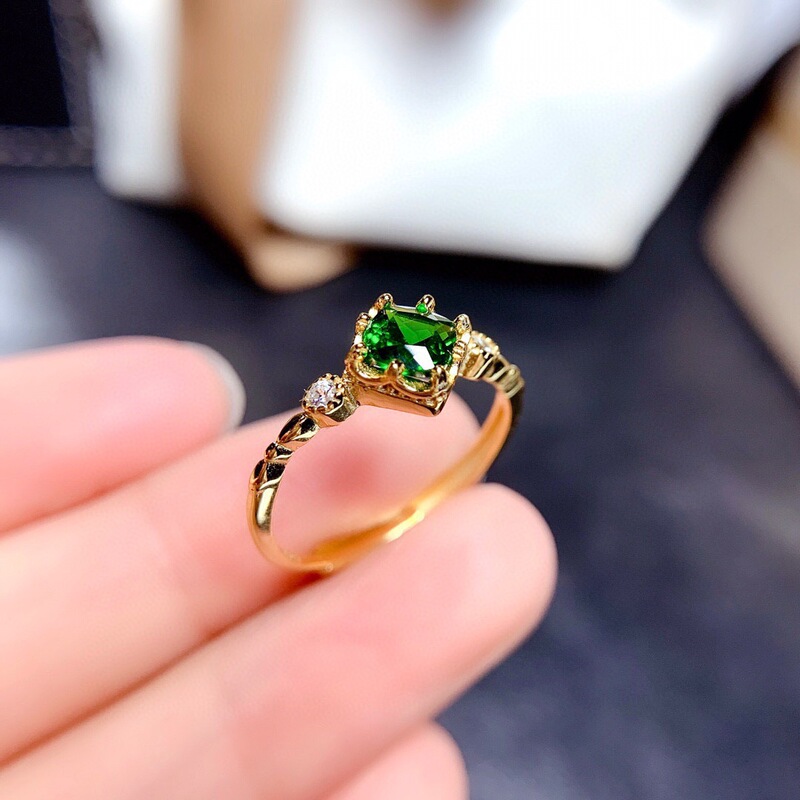 Douyin Live Jewelry Imitation Natural Diopside Emerald Ring Plated with 18K Gold Small Fresh Open Ring for Women