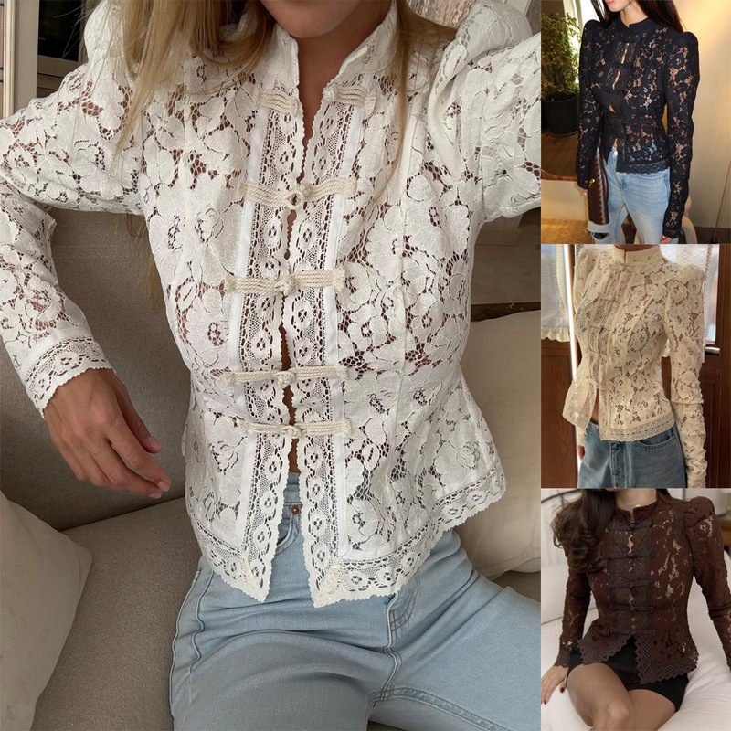 2025 Summer New Style European and American Hot-Selling Fashionable and Elegant Commuter Lace Crochet Stand-Up Collar Slim-Fit Design Shirt for Women 2025 Summer New Style European and American Hot-Selling Fashionable and Elegant Commuter Lace Crochet Stand-Up Collar Slim-Fit Design Shirt for Women