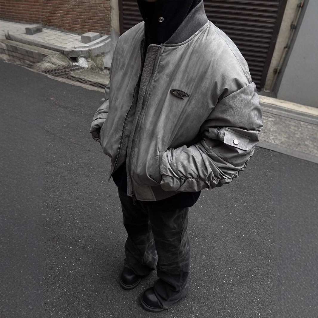 复古废土风褶皱设计飞行服棒球服棉服美式嘻哈冬季外套保暖棉衣潮