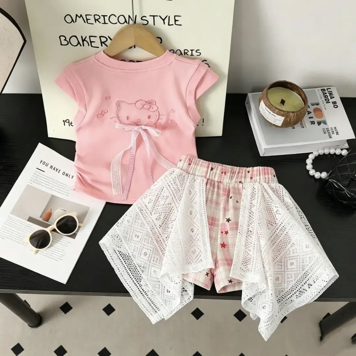 [40-count 92% Cotton] New Summer Set for Girls - Cartoon Print Top, Skirt, and Pants - Stylish Two-Piece Set for Medium and Large Children