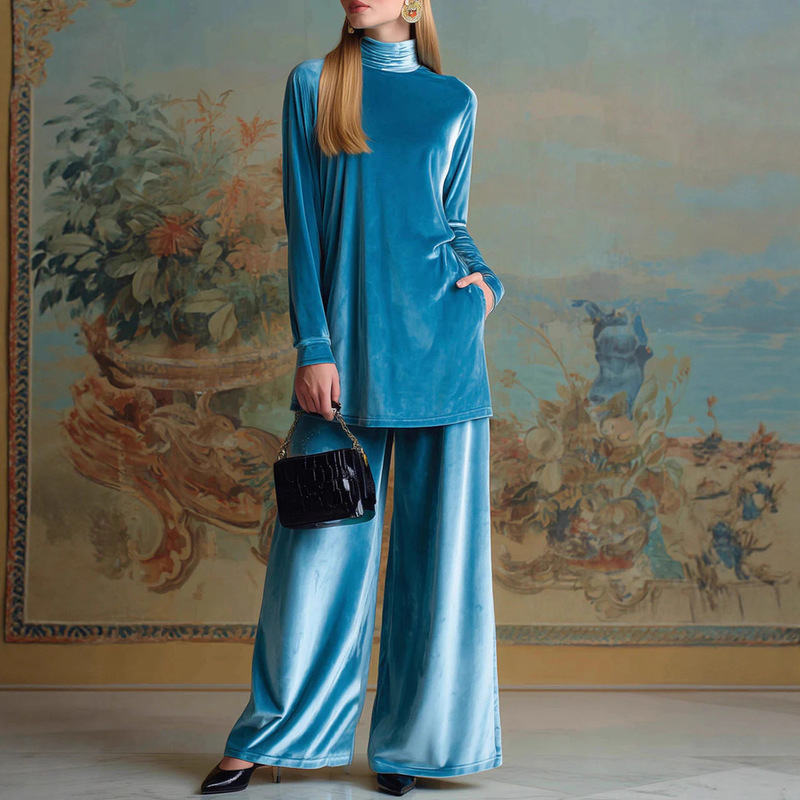 European and American Cross-Border Independent Station Amazon Autumn and Winter Velvet Loose High-Neck Split Top and Wide-Leg Pants Two-Piece Set
