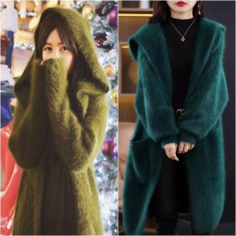 Goddess Long Wool Mink Fleece Fashion Autumn Winter Coat Long Knitted Sweater Loose Coat Hooded Cardigan Thickened Sweater