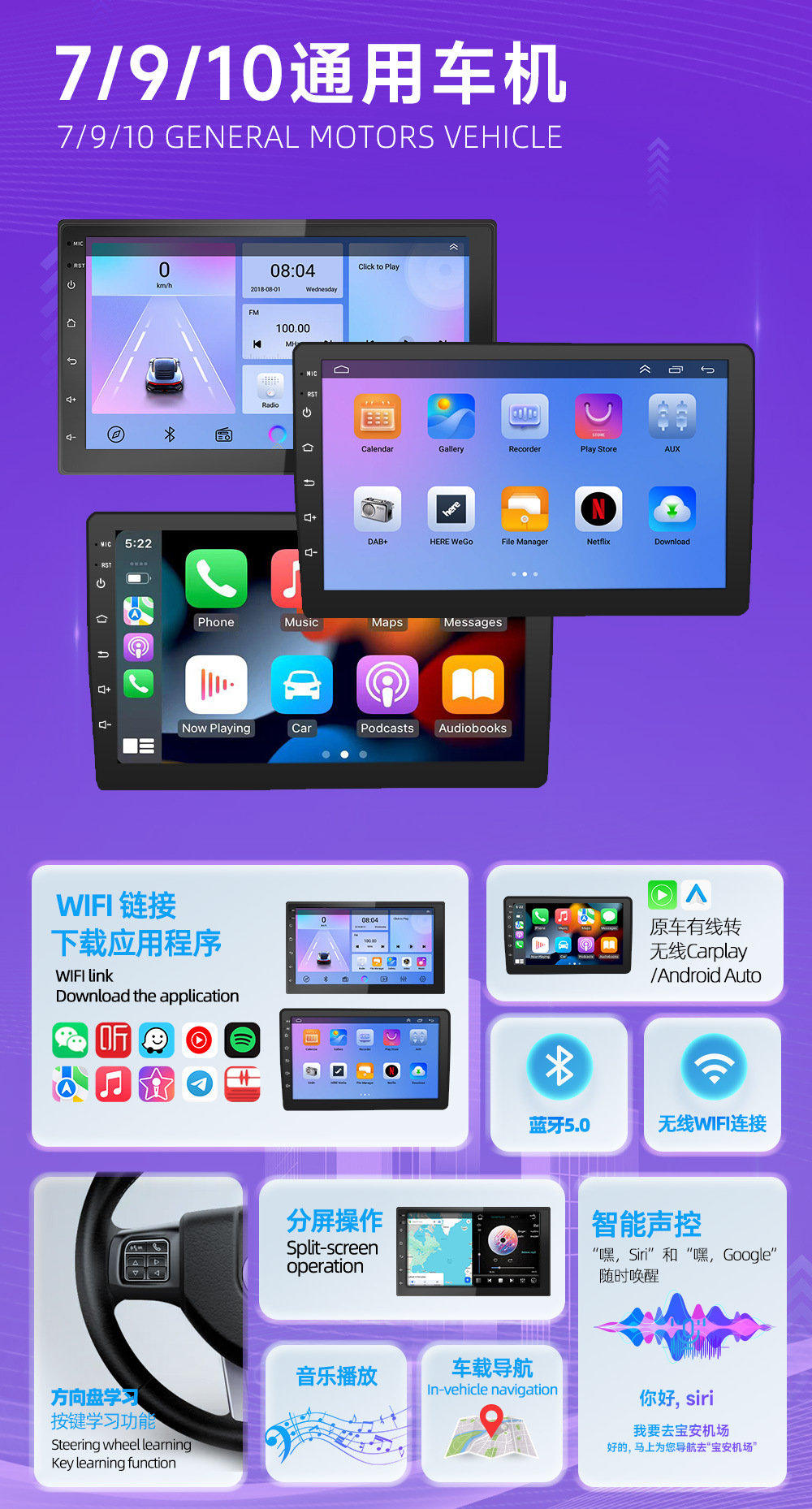 Cross-Border 7-Inch 9/ 10inch Linux Navigation Car Navigation All-In-One Central Control Device That Plays Carplay Car Navigation