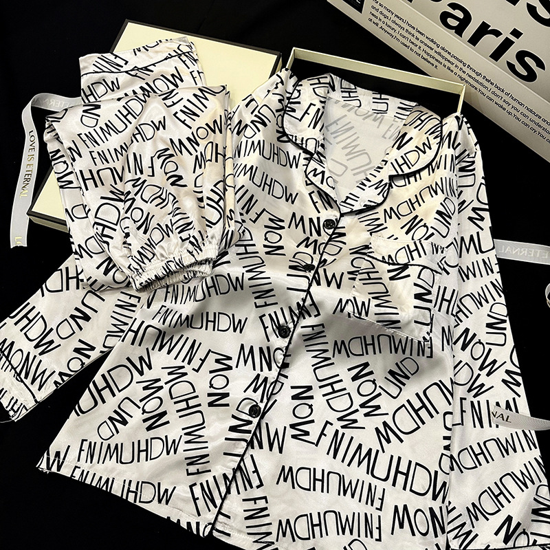 Inventario primavera y otoño imitación de seda hielo seda pijama damas manga larga pantalones cardigans set de ropa para el hogar