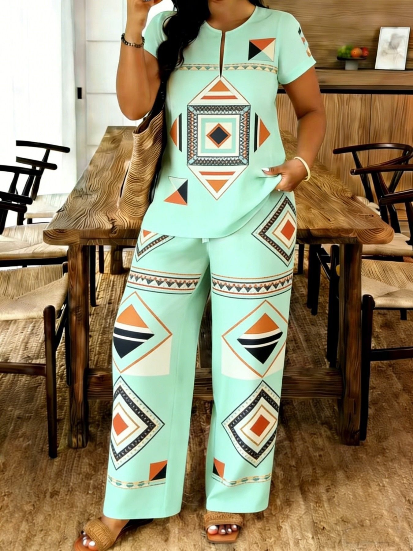 Completo estivo donna top con scollo a v e pantaloni casual_voghion.com
