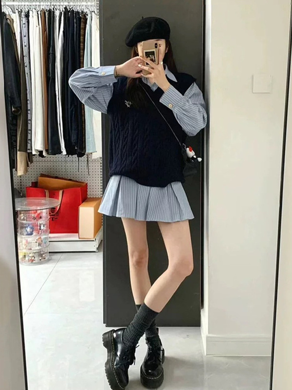 条纹长袖衬衫连衣裙子女装2025新款秋季小个子韩系穿搭学院风套装|undefined
