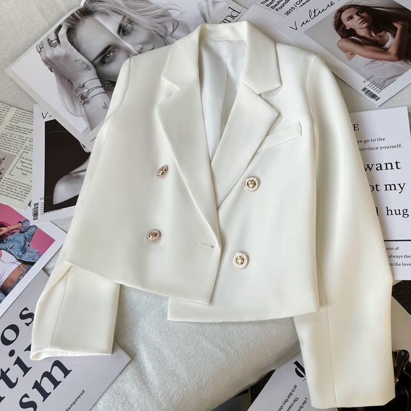 Double-breasted white suit jacket women's slim 2022 autumn small temperament long sleeve short suit