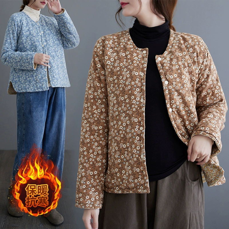 2024 новая осенне-зимняя облегающая хлопковая куртка из чистого хлопка с мелким цветочным принтом для женщин, теплая маленькая хлопковая куртка с стеганой подкладкой в ​​китайском этническом стиле