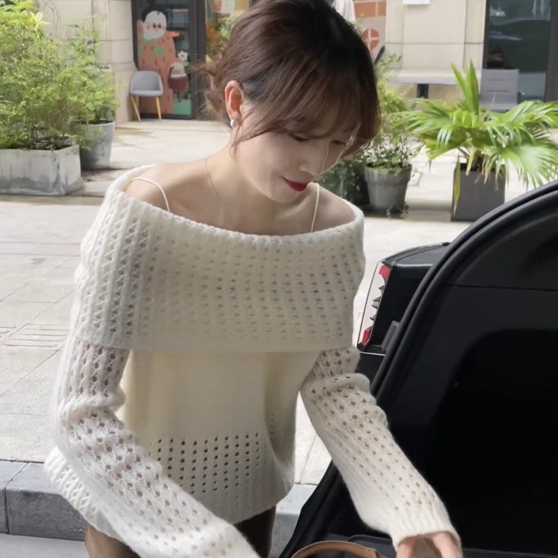 2025年秋季新款设计感一字肩全羊毛软糯韩版镂空毛衣女|undefined