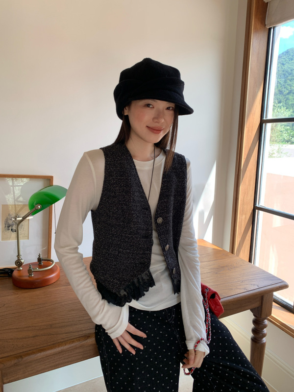 诠释美 NEWOPEN 25秋法式气质蕾丝花边叠穿小香风v领马甲女F6523|undefined