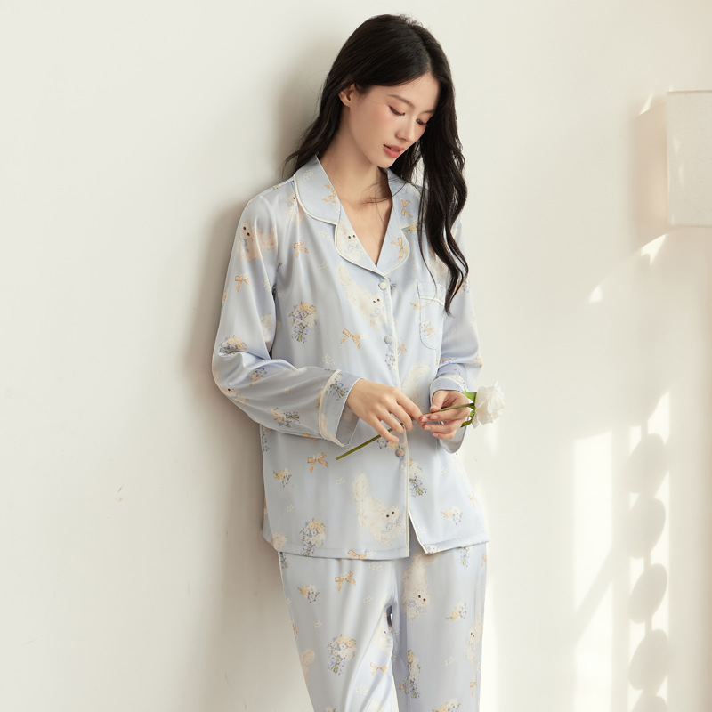 Dianesally Pajamas Women's Spring and Autumn New Home Clothes suit Sweet Printed Ice Silk Pajamas Long Sleeve Two-Piece Set