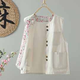 春夏新品宽松文艺复古休闲无袖圆领马甲上衣外套女