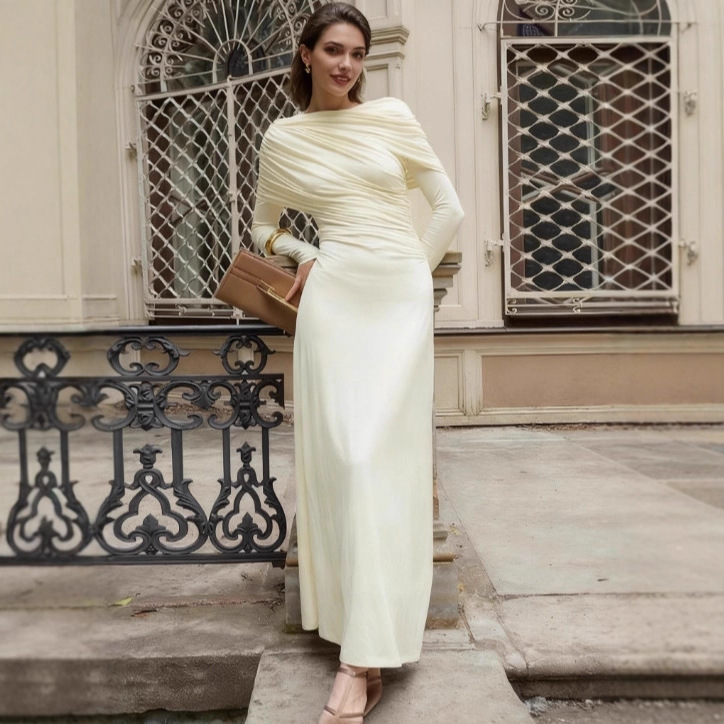 European and American Women's Clothing 2025 Autumn and Winter New Fashion Elegant Slim Pleated Irregular Solid Color Long-Sleeved Dress Wholesale