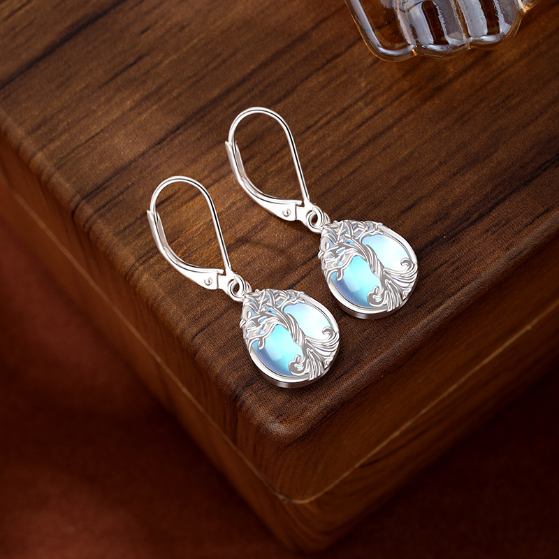 925 plata esterlina pendientes de piedra de luna para mujeres Europa y América ligera lujo pendientes de alta sensación Amazon transfronterizos árbol de la vida pendientes
