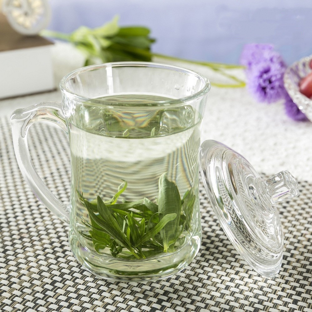 Taza de vidrio resistente al calor gruesa con tapa de taza de té con tapa de taza de té doméstica taza de agua potable taza de mesa de sala de reuniones taza de oficina