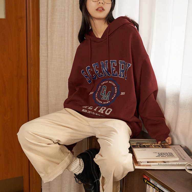 Retro college Ladies Sweater new pattern Hooded Socket Terry Easy Korean Edition jacket leisure time letter coat