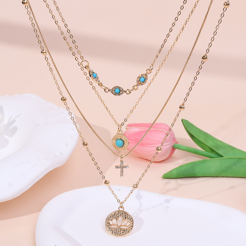 Turkish Necklace Cross-Border New Product Cross Necklace Bohemian Hollow Flower Blue Eyes Multi-Layer Necklace for Women Turkish Necklace Cross-Border New Product Cross Necklace Bohemian Hollow Flower Blue Eyes Multi-Layer Necklace for Women