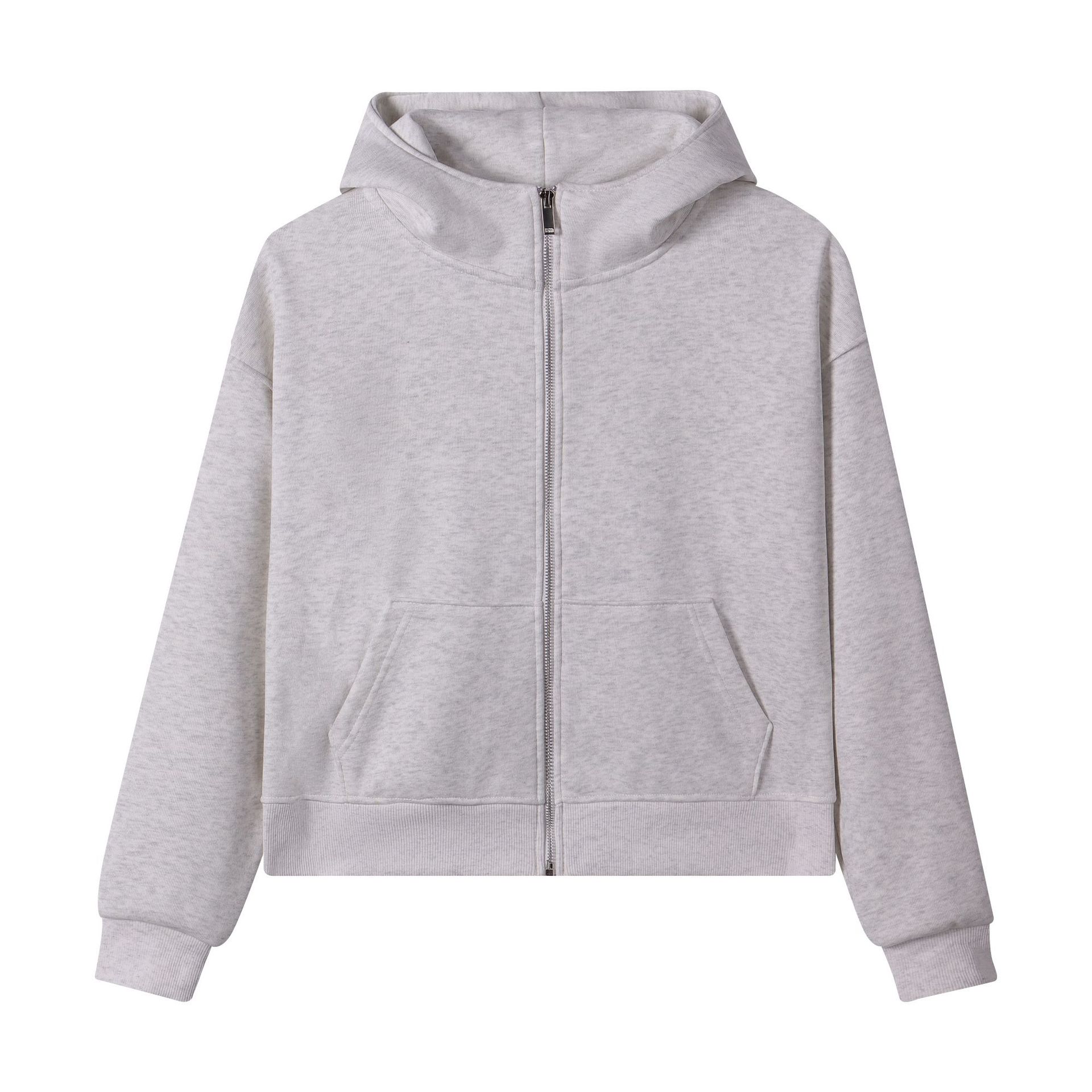 Ropa de mujer corta estilo coreano simple cuello alto con chaqueta con cremallera con capuchón de vello otoño y invierno pesado 420g suéter de algodón de isla image 9